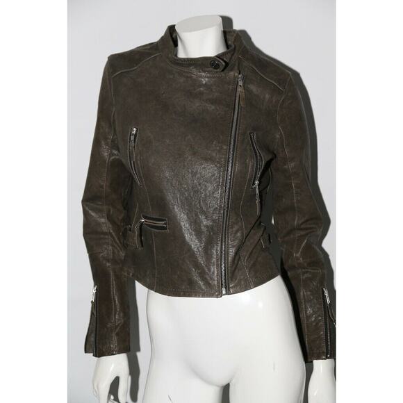 TRUE RELIGION Womens Brown Green Leather Biker Jacket Size S - Picture 6 of 12